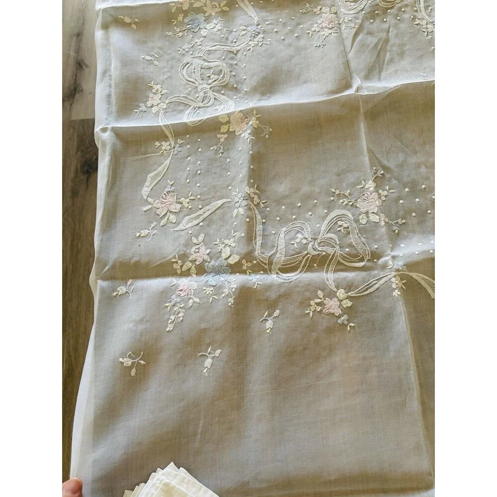 Vintage Embroidered Sheer Linen Tablecloth & 6 Pcs Napkins Set Floral